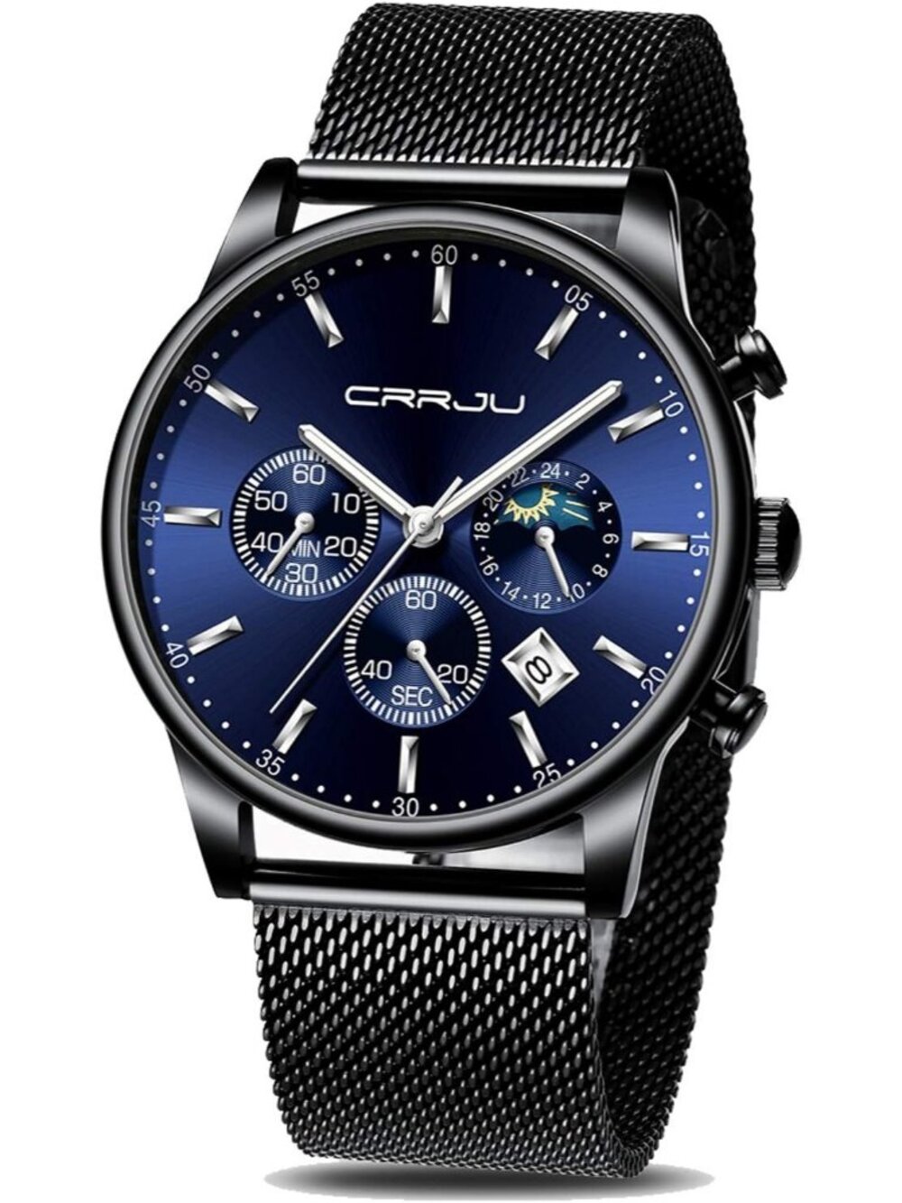 Men's Black And Blue Chronograph Waterproof Steel Quartz Mesh Strap Casual Watch